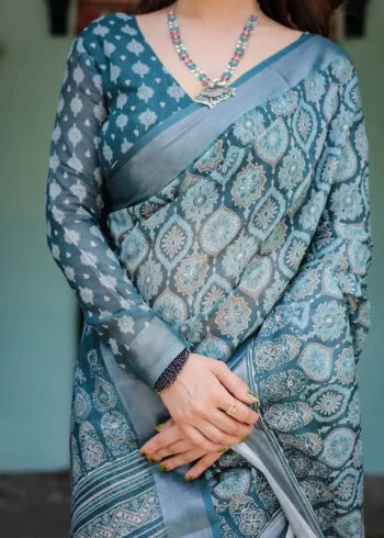 Teal Blue Pure Linen Saree With Tassels
