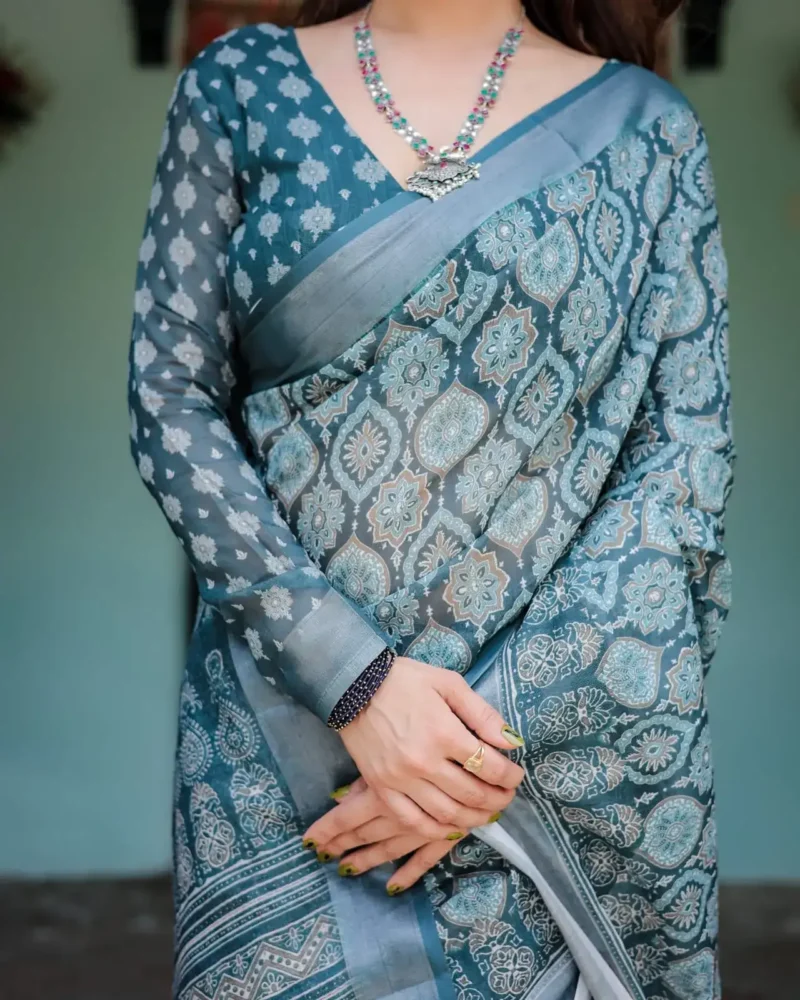 Teal Blue Pure Linen Saree With Tassels