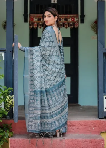 Teal Blue Pure Linen Saree With Tassels