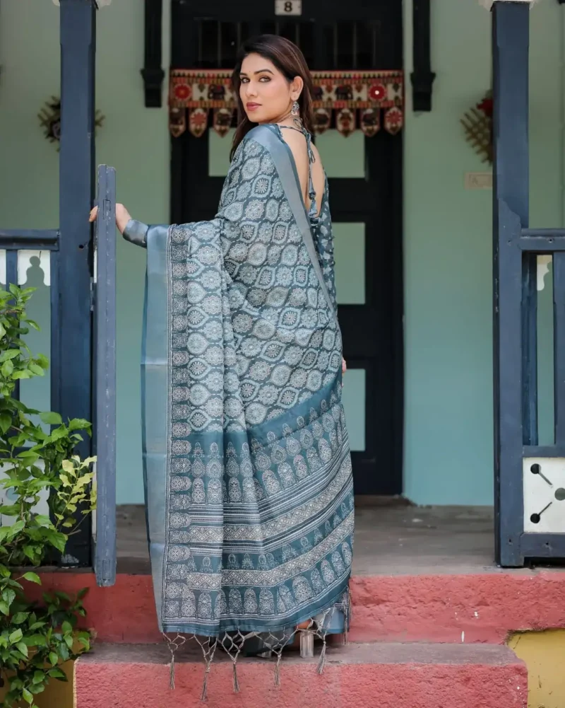 Teal Blue Pure Linen Saree With Tassels