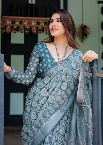 Teal Blue Pure Linen Saree With Tassels