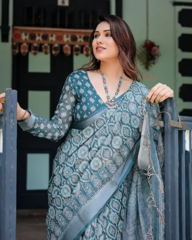 Teal Blue Pure Linen Saree With Tassels