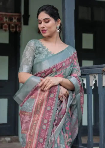 Teal Green With Vibrant Floral Paisley Printed Linen Saree
