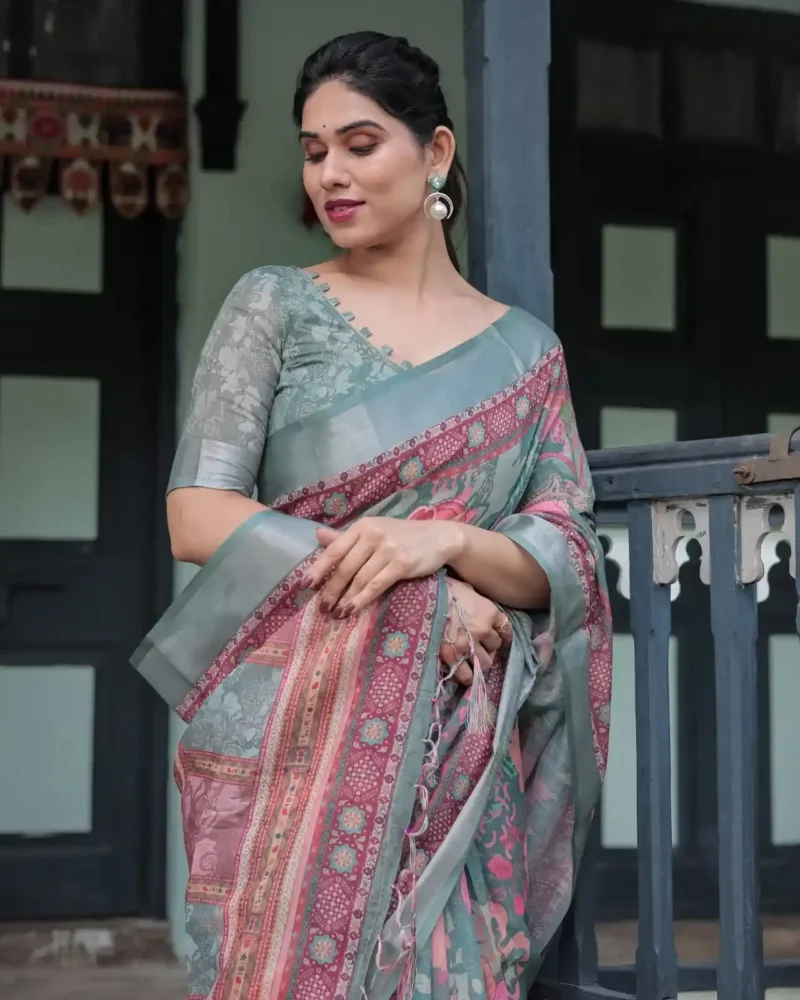 Teal Green With Vibrant Floral Paisley Printed Linen Saree