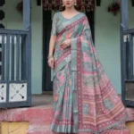 Teal Green With Vibrant Floral Paisley Printed Linen Saree