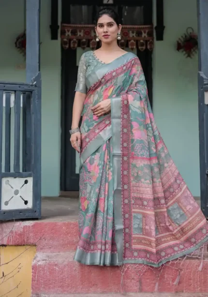 Teal Green With Vibrant Floral Paisley Printed Linen Saree