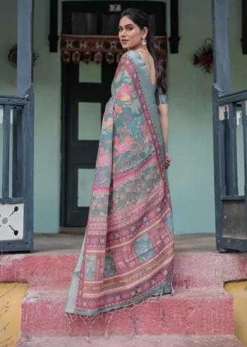 Teal Green With Vibrant Floral Paisley Printed Linen Saree