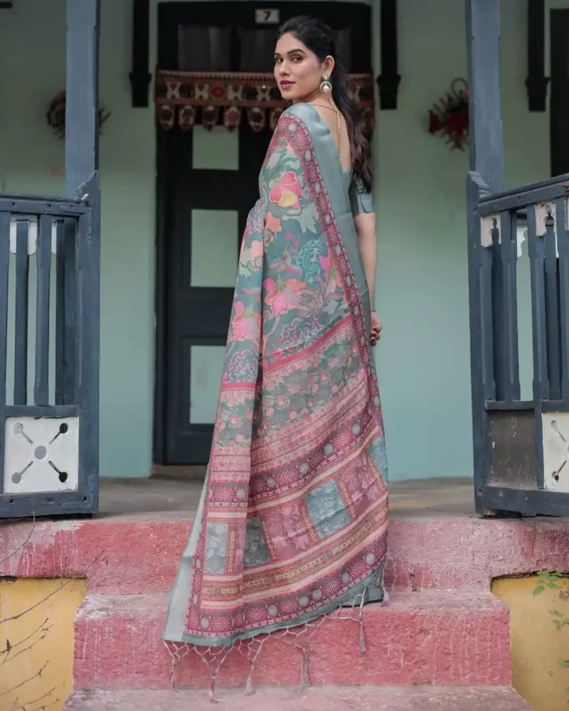 Teal Green With Vibrant Floral Paisley Printed Linen Saree
