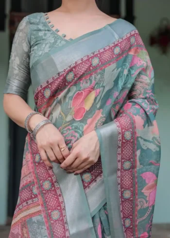 Teal Green With Vibrant Floral Paisley Printed Linen Saree