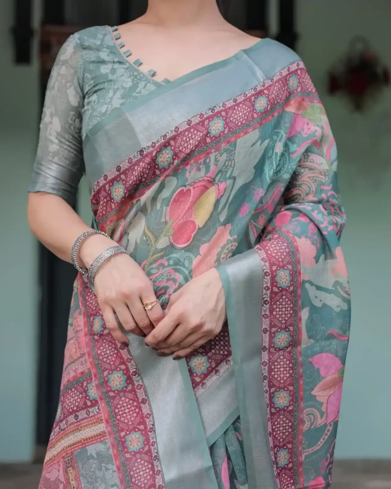 Teal Green With Vibrant Floral Paisley Printed Linen Saree