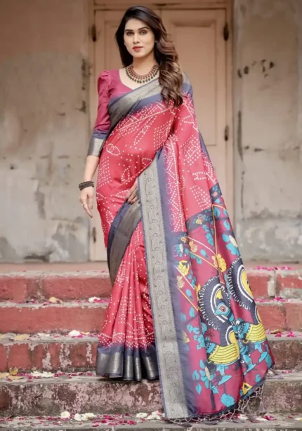 Traditional Bandhani Digital Printed Tussar Silk Saree