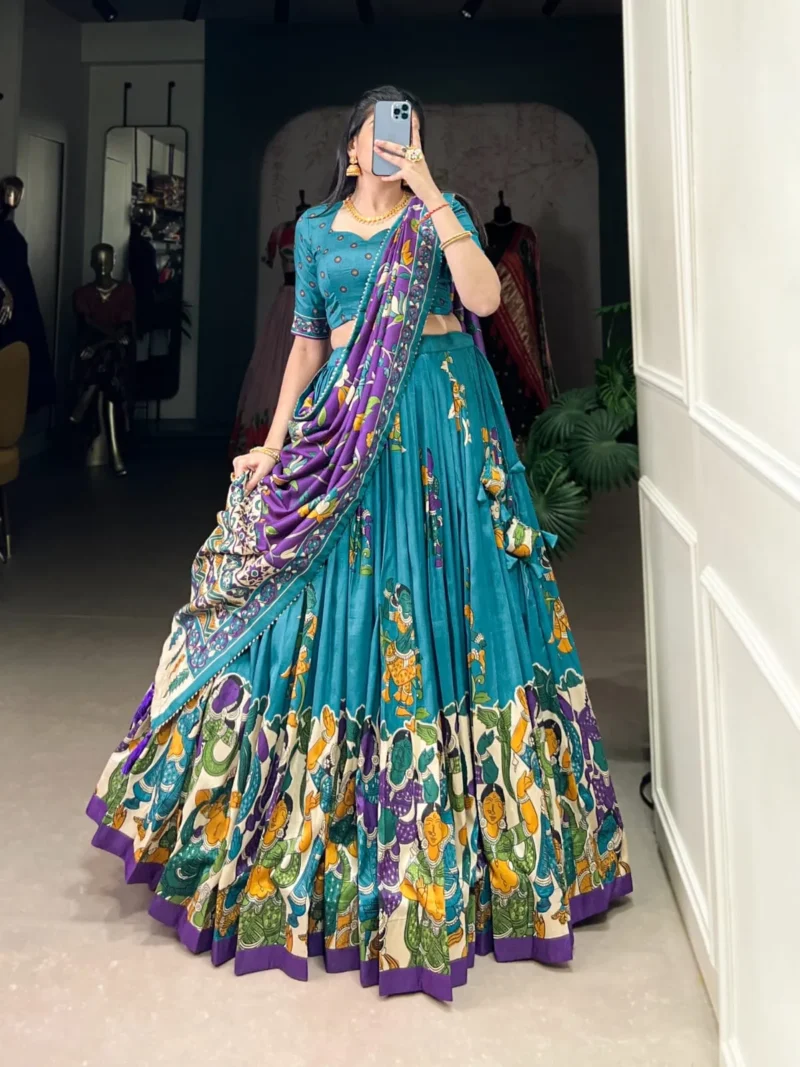 Tussar Silk Foil Work Kalamkari Printed Half Saree Lehenga