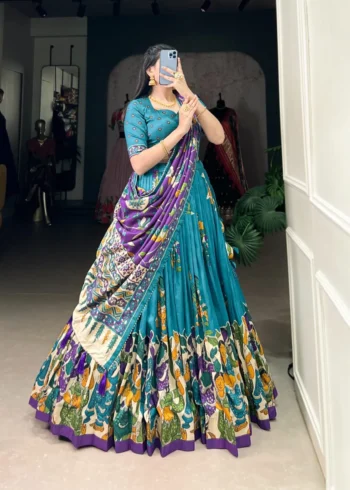 Tussar Silk Foil Work Kalamkari Printed Half Saree Lehenga