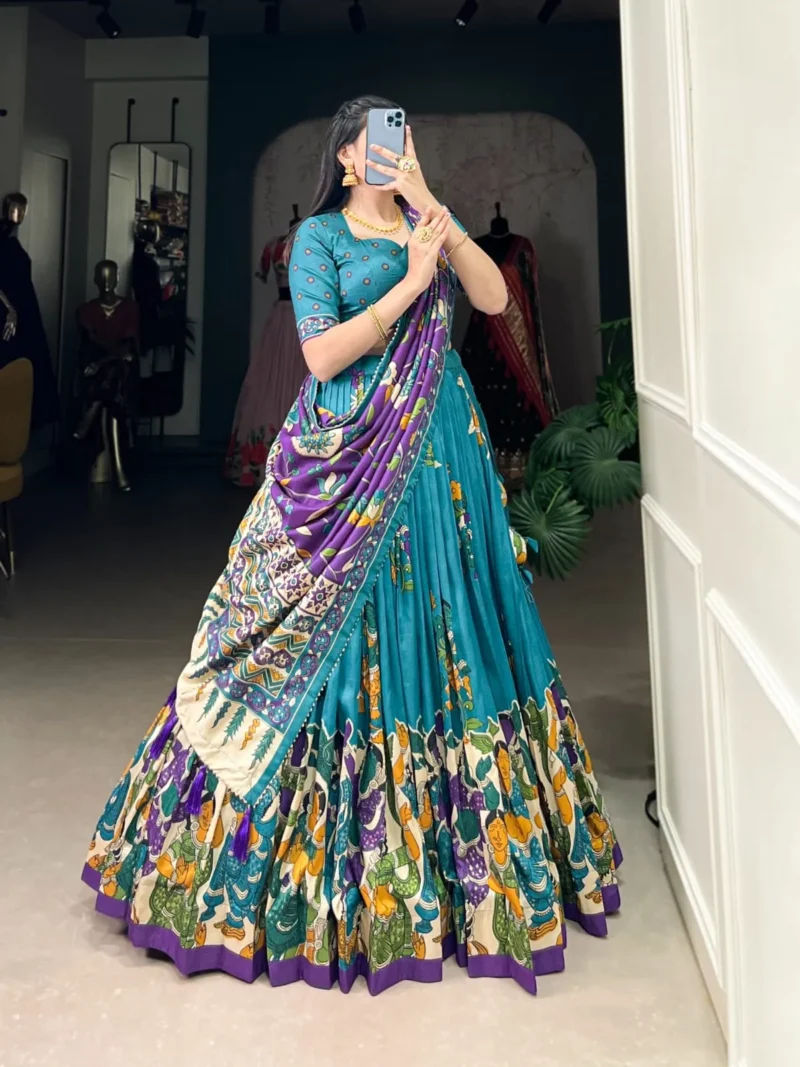 Tussar Silk Foil Work Kalamkari Printed Half Saree Lehenga