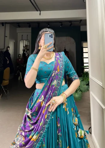 Tussar Silk Foil Work Kalamkari Printed Half Saree Lehenga