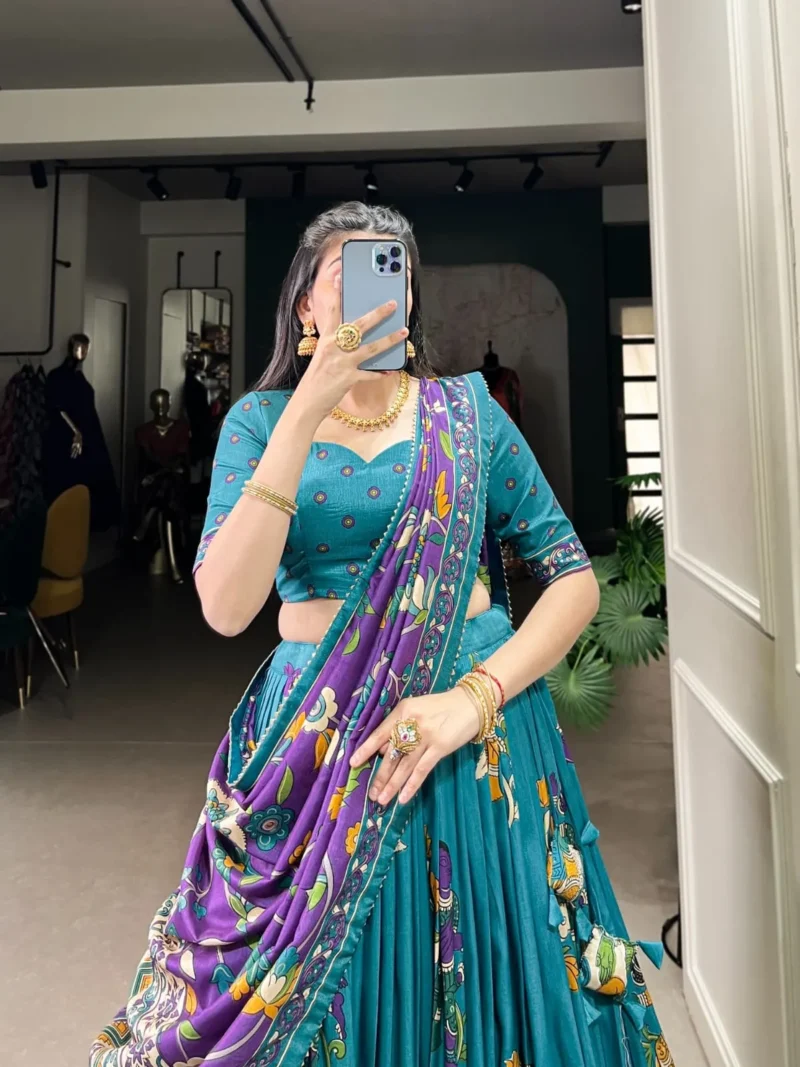 Tussar Silk Foil Work Kalamkari Printed Half Saree Lehenga