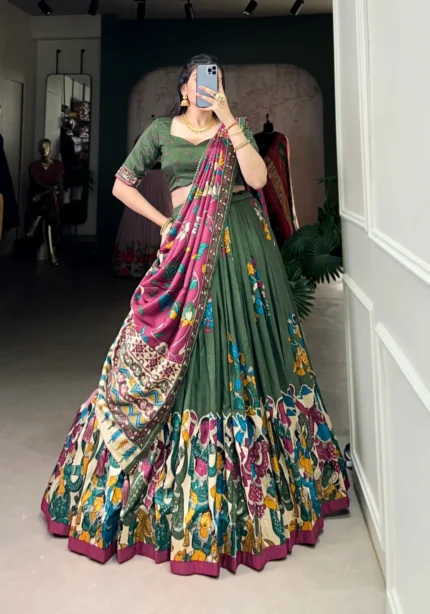 Tussar Silk Foil Work Kalamkari Printed Half Saree Lehenga