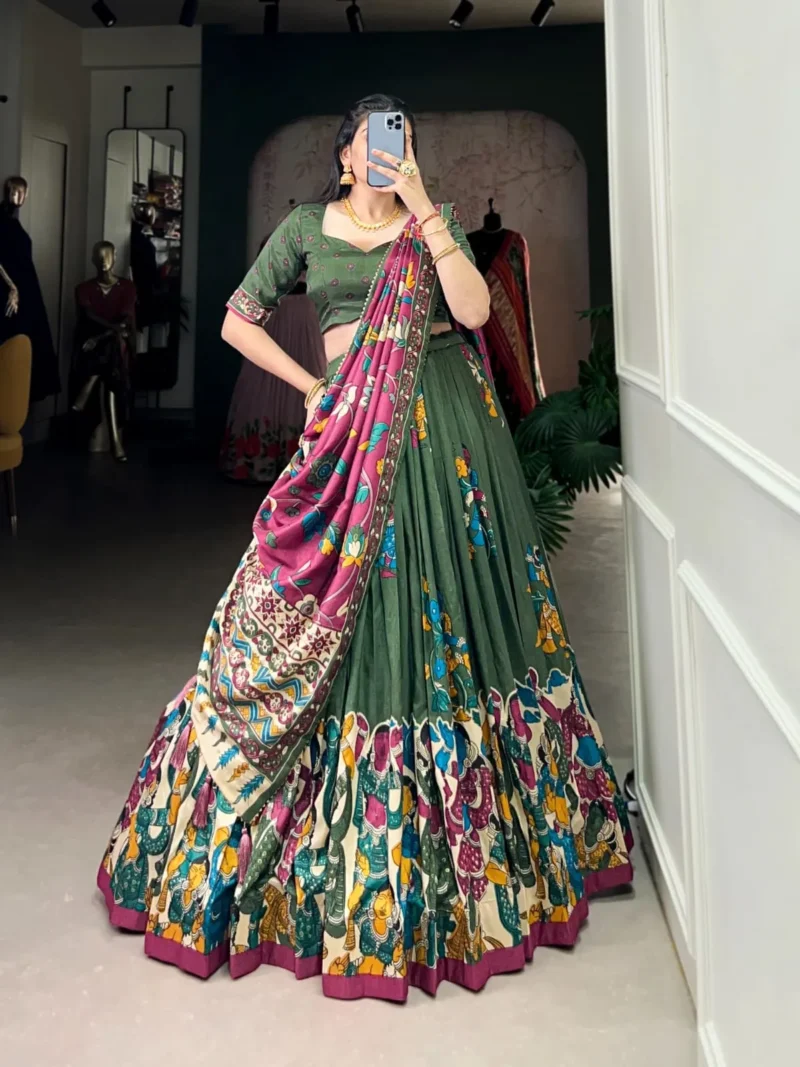 Tussar Silk Foil Work Kalamkari Printed Half Saree Lehenga