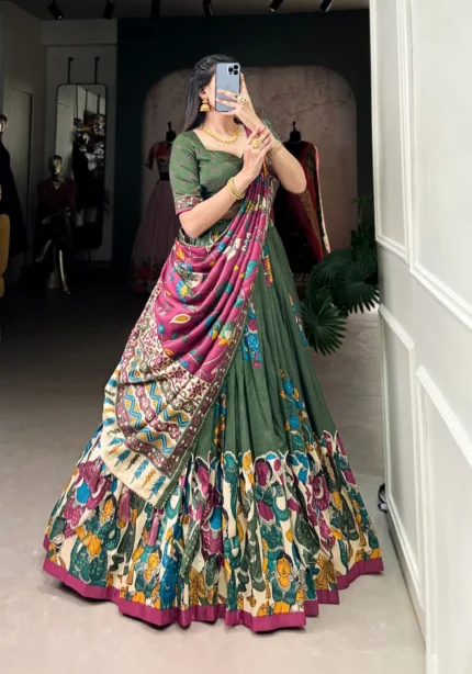 Tussar Silk Foil Work Kalamkari Printed Half Saree Lehenga