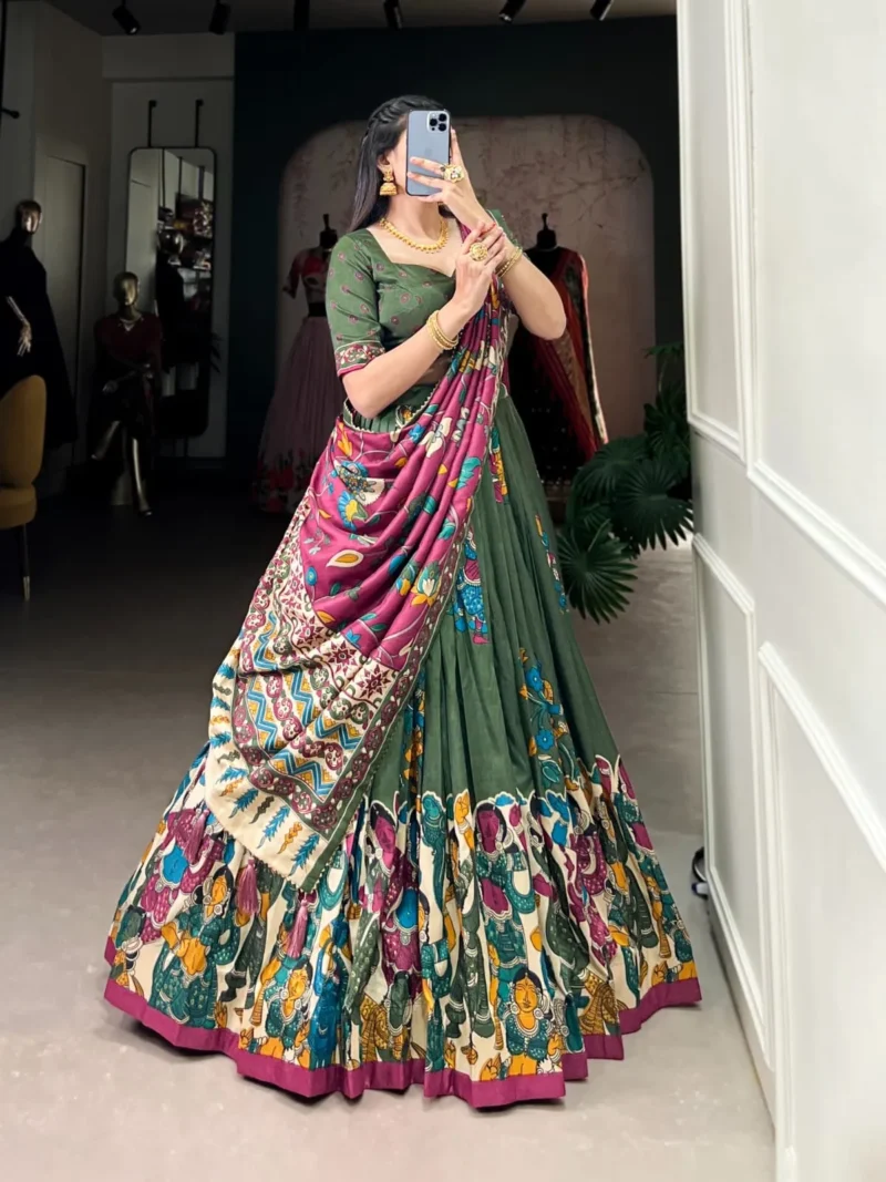 Tussar Silk Foil Work Kalamkari Printed Half Saree Lehenga