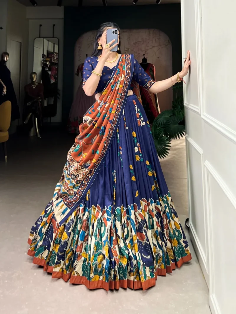 Tussar Silk Foil Work Kalamkari Printed Half Saree Lehenga
