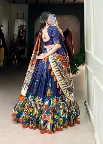 Tussar Silk Foil Work Kalamkari Printed Half Saree Lehenga