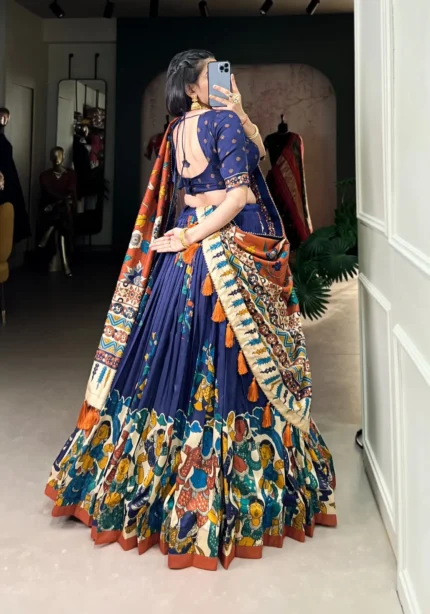 Tussar Silk Foil Work Kalamkari Printed Half Saree Lehenga