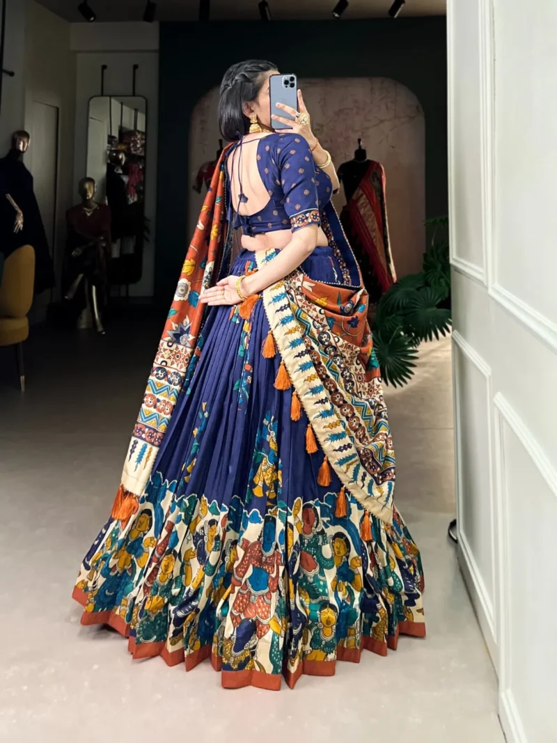 Tussar Silk Foil Work Kalamkari Printed Half Saree Lehenga