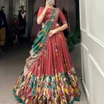 Tussar Silk Foil Work Kalamkari Printed Half Saree Lehenga