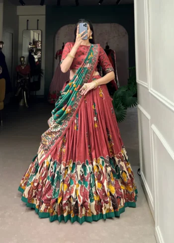 Tussar Silk Foil Work Kalamkari Printed Half Saree Lehenga