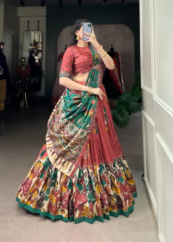Tussar Silk Foil Work Kalamkari Printed Half Saree Lehenga