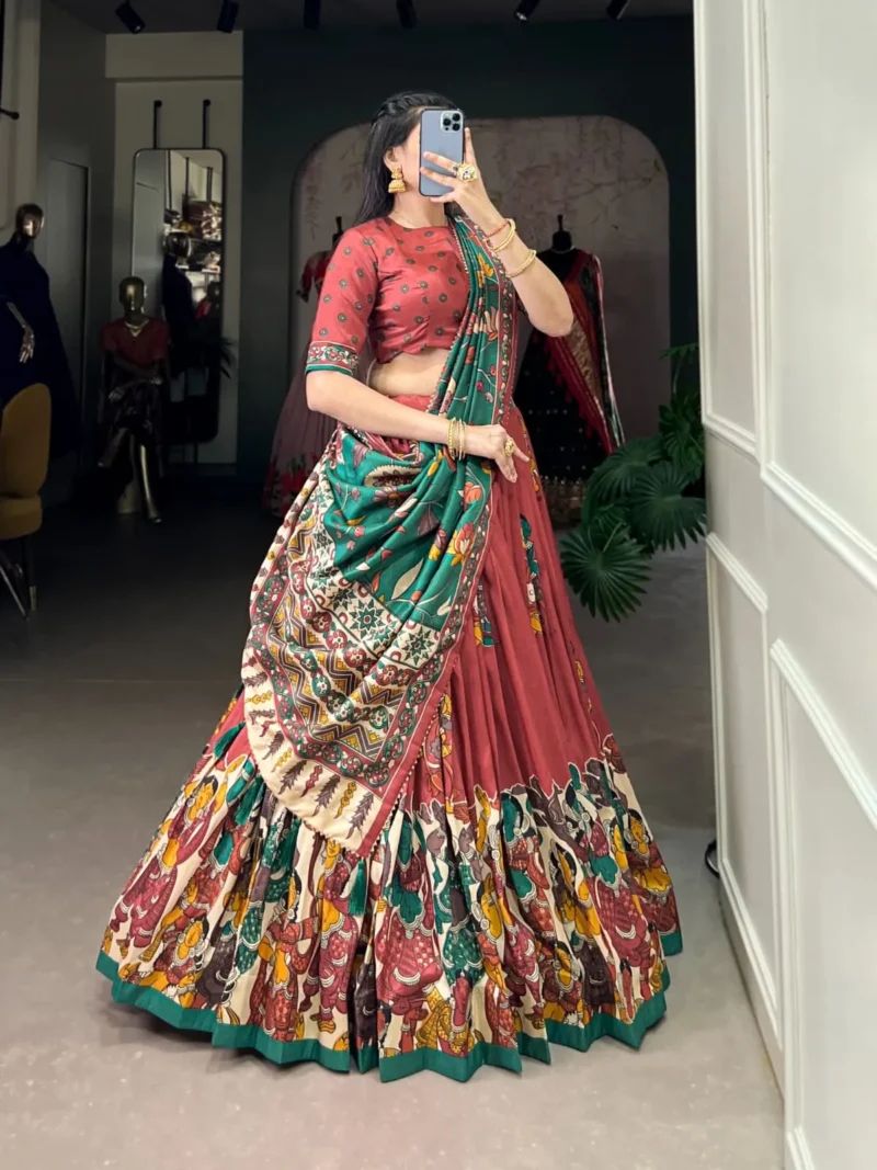 Tussar Silk Foil Work Kalamkari Printed Half Saree Lehenga