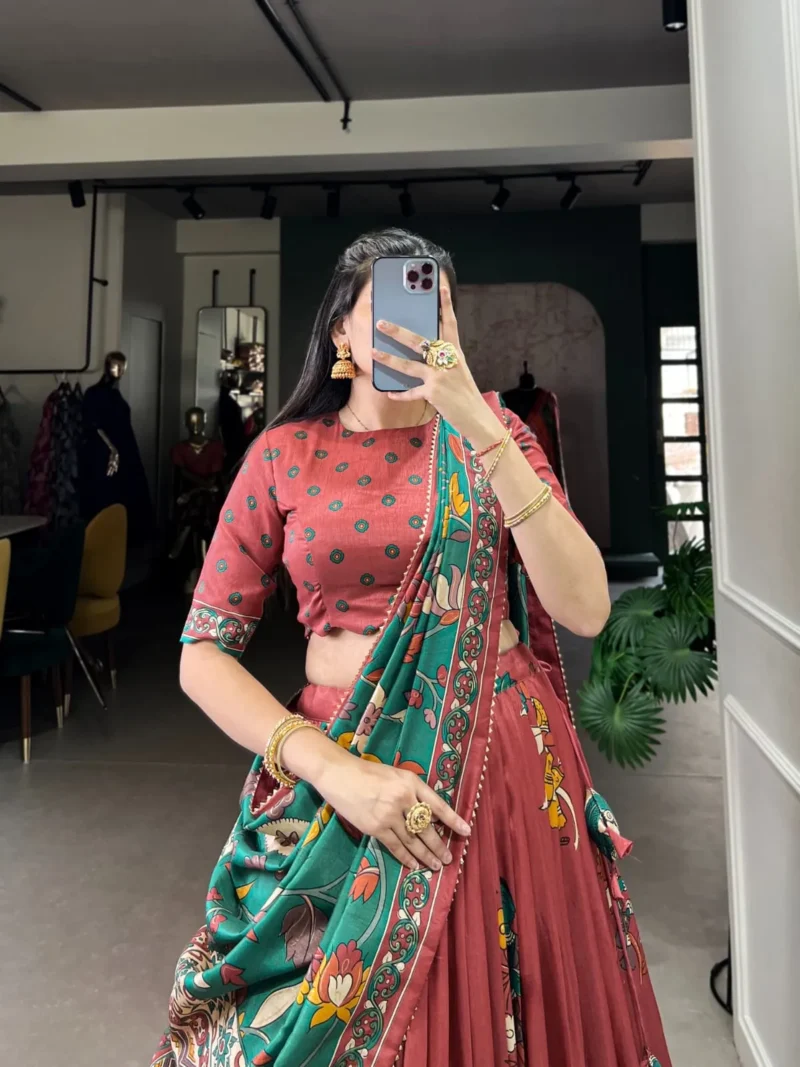 Tussar Silk Foil Work Kalamkari Printed Half Saree Lehenga