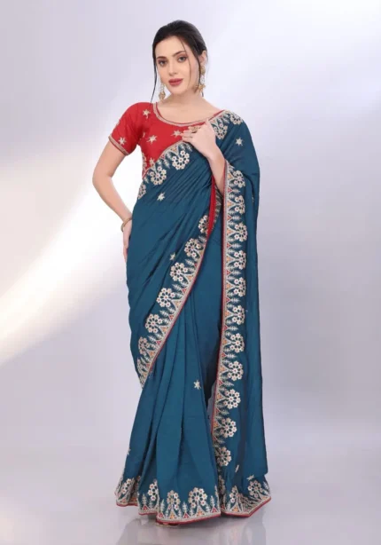 Two Tone Soft Silk Embroidery With Constance Piping Border Work Saree