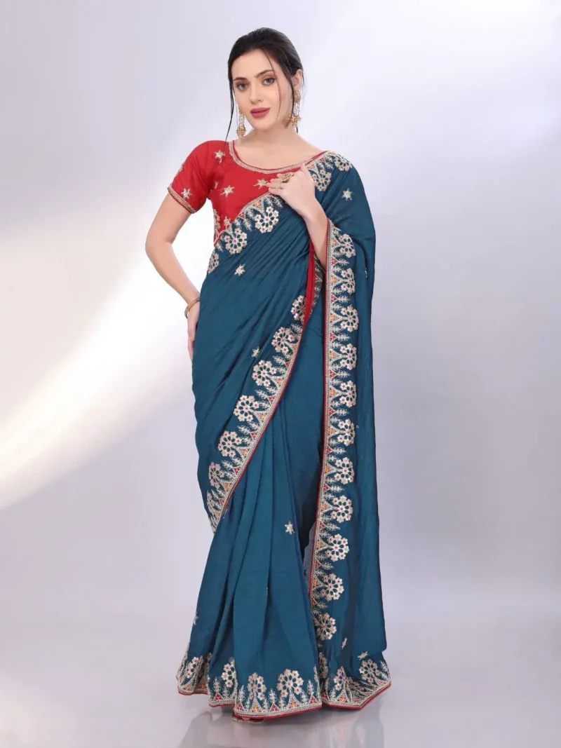 Two Tone Soft Silk Embroidery With Constance Piping Border Work Saree