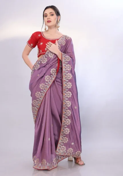 Two Tone Soft Silk Embroidery With Constance Piping Border Work Saree