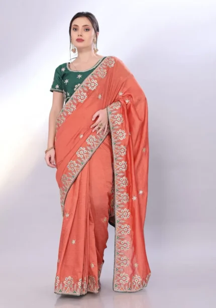 Two Tone Soft Silk Embroidery With Constance Piping Border Work Saree