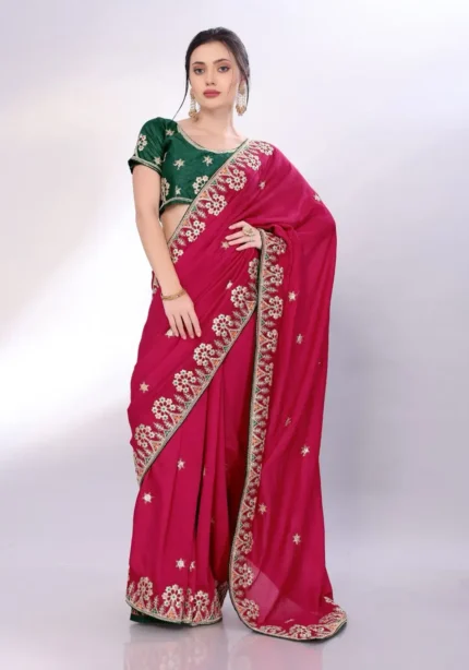 Two Tone Soft Silk Embroidery With Constance Piping Border Work Saree