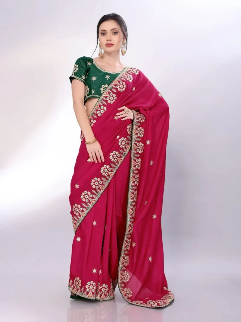 Two Tone Soft Silk Embroidery With Constance Piping Border Work Saree