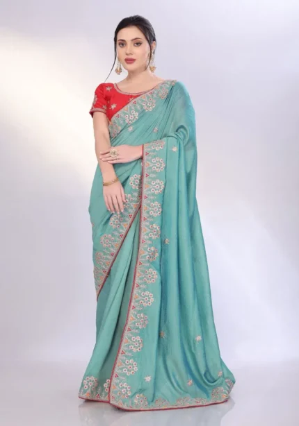 Two Tone Soft Silk Embroidery With Constance Piping Border Work Saree