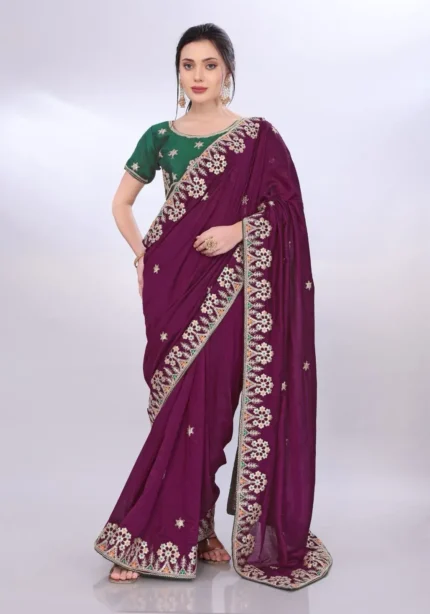 Two Tone Soft Silk Embroidery With Constance Piping Border Work Saree