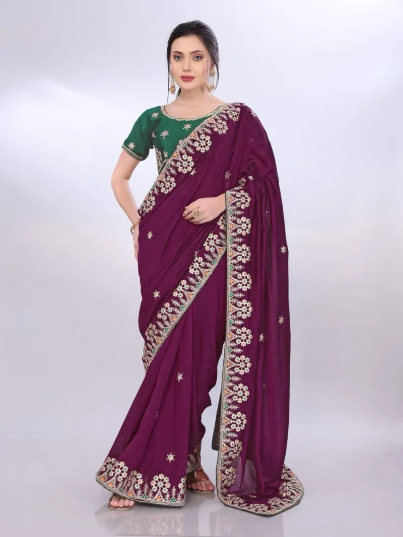 Two Tone Soft Silk Embroidery With Constance Piping Border Work Saree