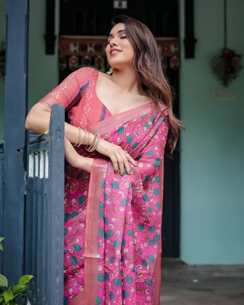 Vibrant Pink Pure Linen Saree With Lush Floral Prints