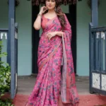 Vibrant Pink Pure Linen Saree With Lush Floral Prints