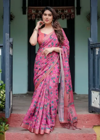 Vibrant Pink Pure Linen Saree With Lush Floral Prints