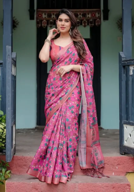 Vibrant Pink Pure Linen Saree With Lush Floral Prints