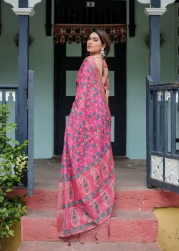 Vibrant Pink Pure Linen Saree With Lush Floral Prints
