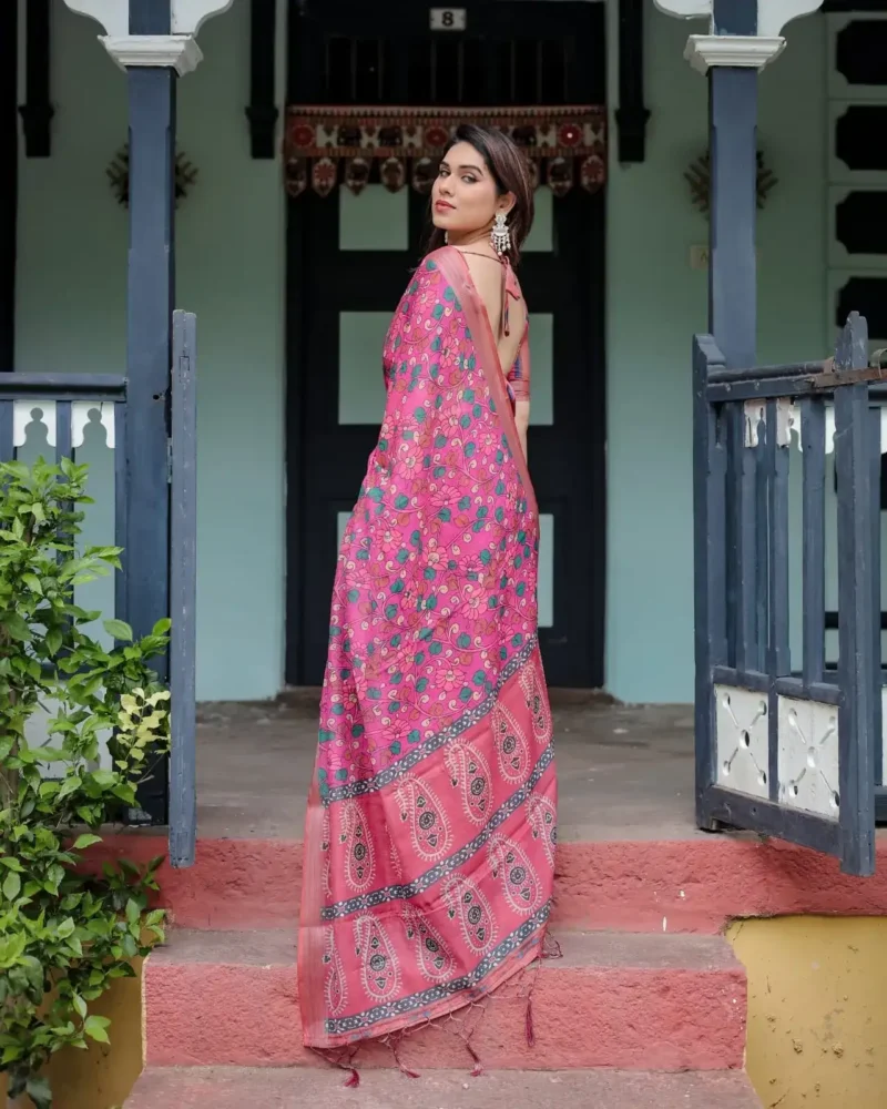 Vibrant Pink Pure Linen Saree With Lush Floral Prints