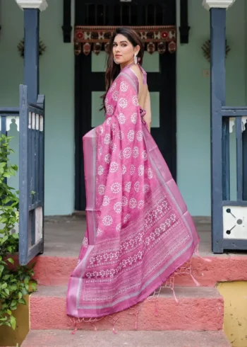 Vibrant Purple Pure Linen Saree With Tassels