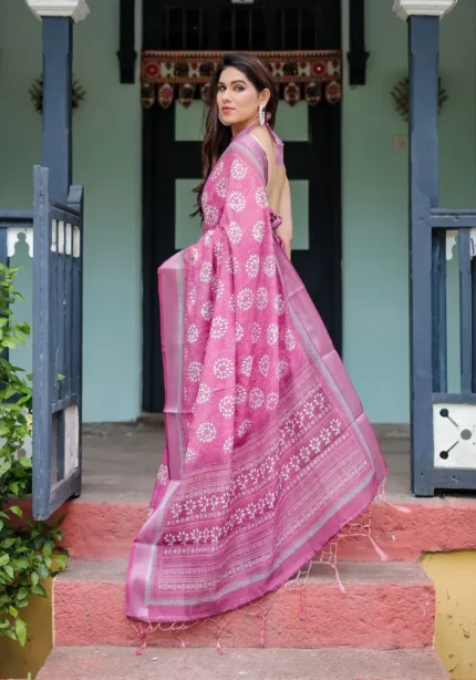 Vibrant Purple Pure Linen Saree With Tassels